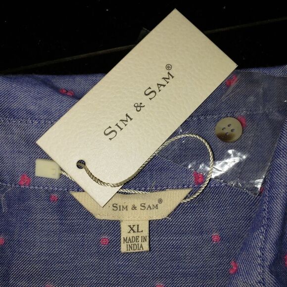 🔺️NWT Sim & Sam Blue & Pink Dotted Buttoned Cuffed Sleeve Top XLarge - Picture 8 of 10